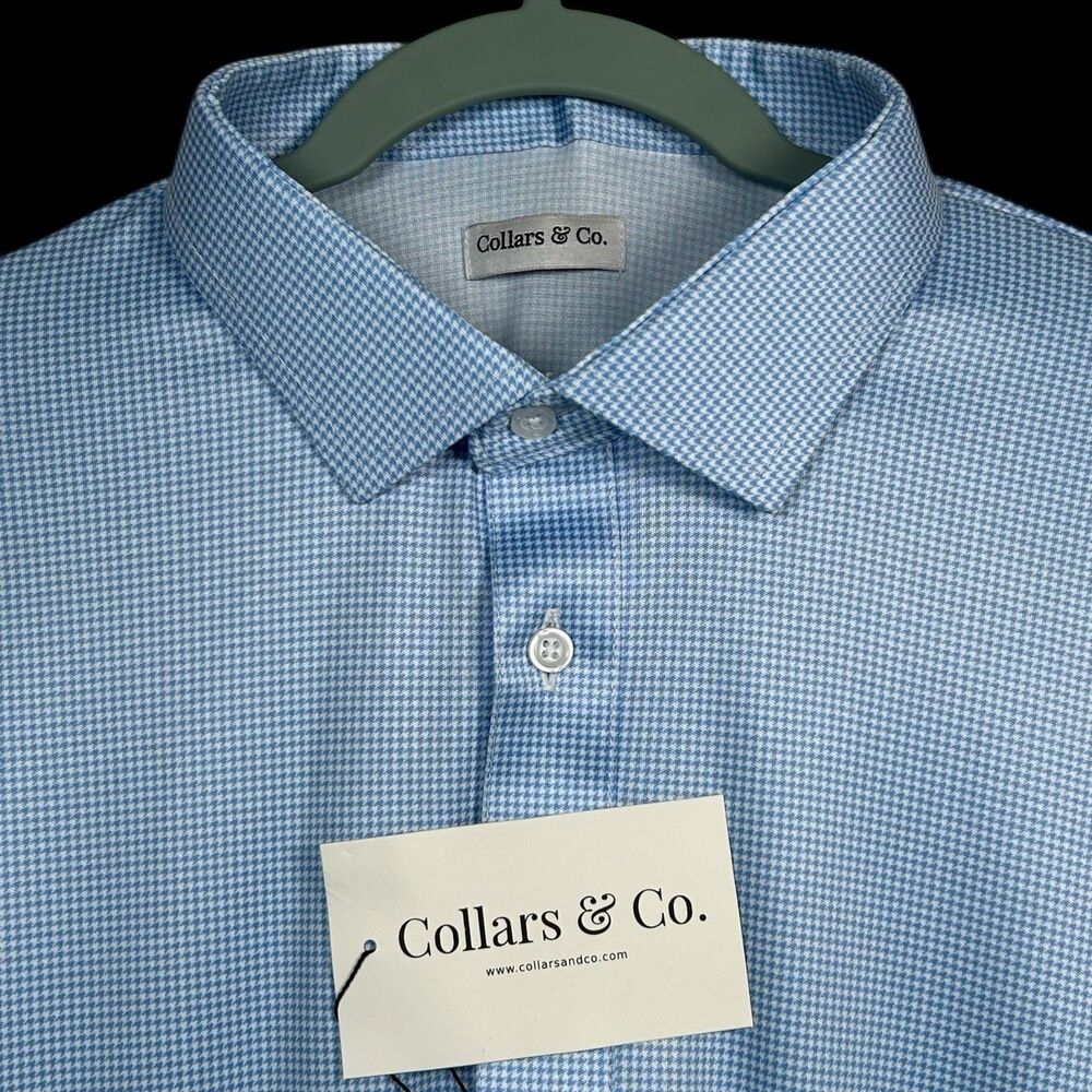 Collars & Co Polo Shirt Mens 2XL Blue Houndstooth Dress Collar Office Golf NWT
